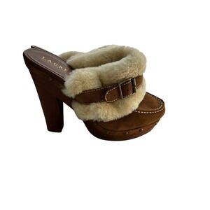 Lauren Ralph Lauren Women's Brown Suede Shearling Clog Heeled Mules Size     9